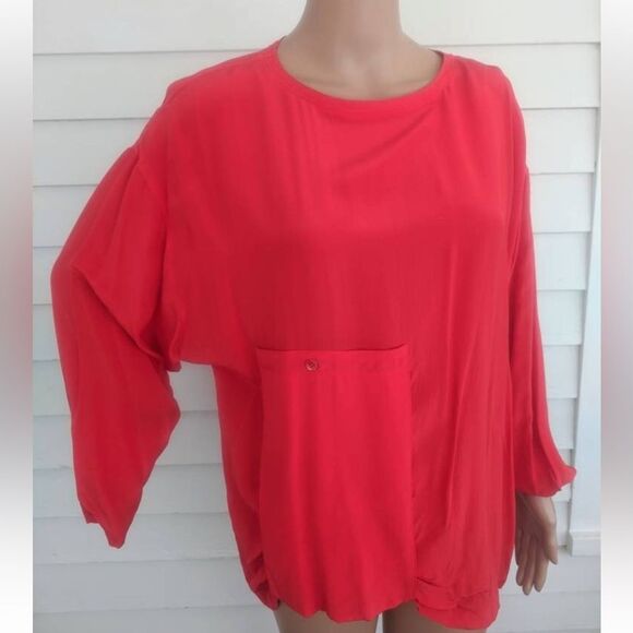 Vintage 80s Red Boxy Decorative Pocket Blouse Silk M Courtney Rhodes - Picture 2 of 4